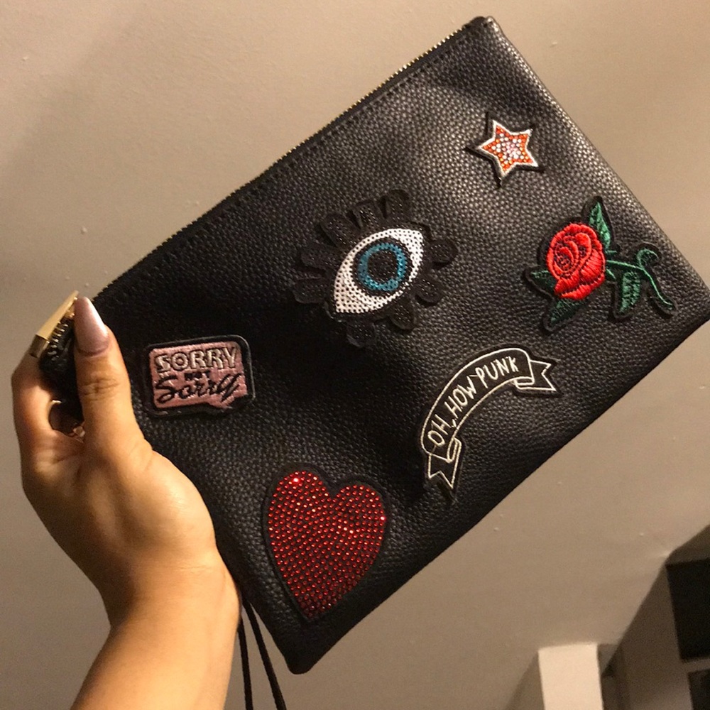 Embroidered black clutch
